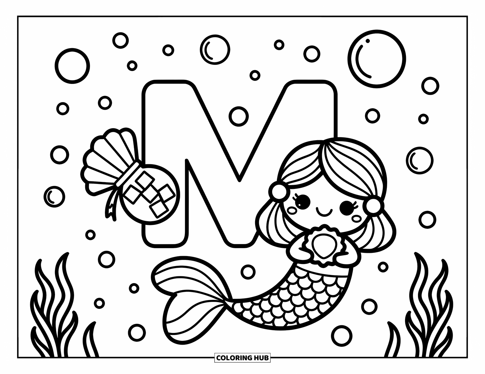 Letter M Coloring Page for Adults: M rests underwater beside a cute mermaid, mirror, and floating marshmallows