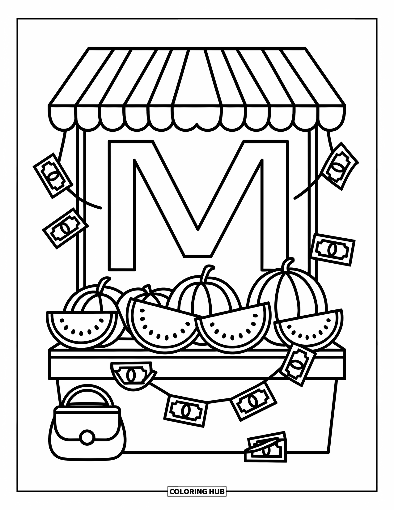 Letter M Coloring Page for Adults: M stands in a market with sliced melons, cartoon money, and a tiny coin purse