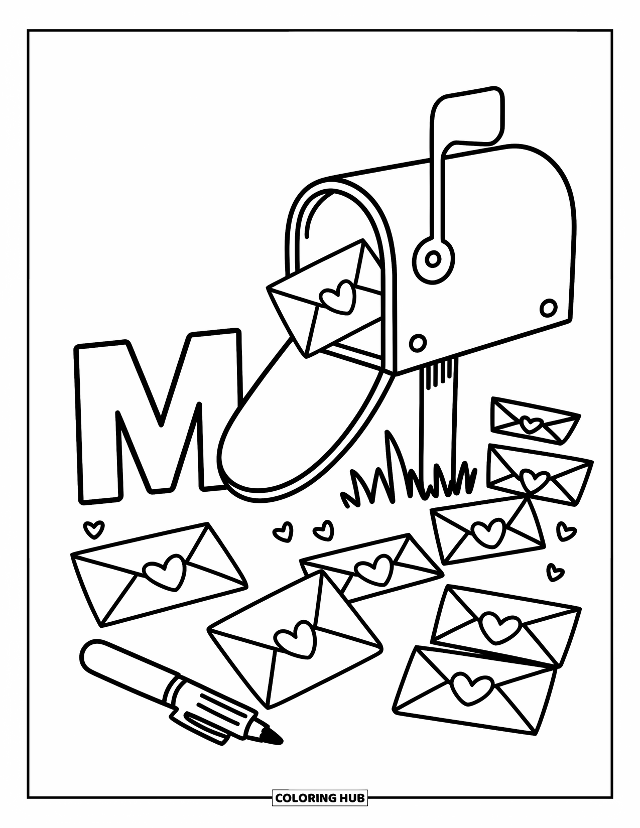 Letter M Coloring Page for Adults: M stands next to a cute mailbox and letters full of heart