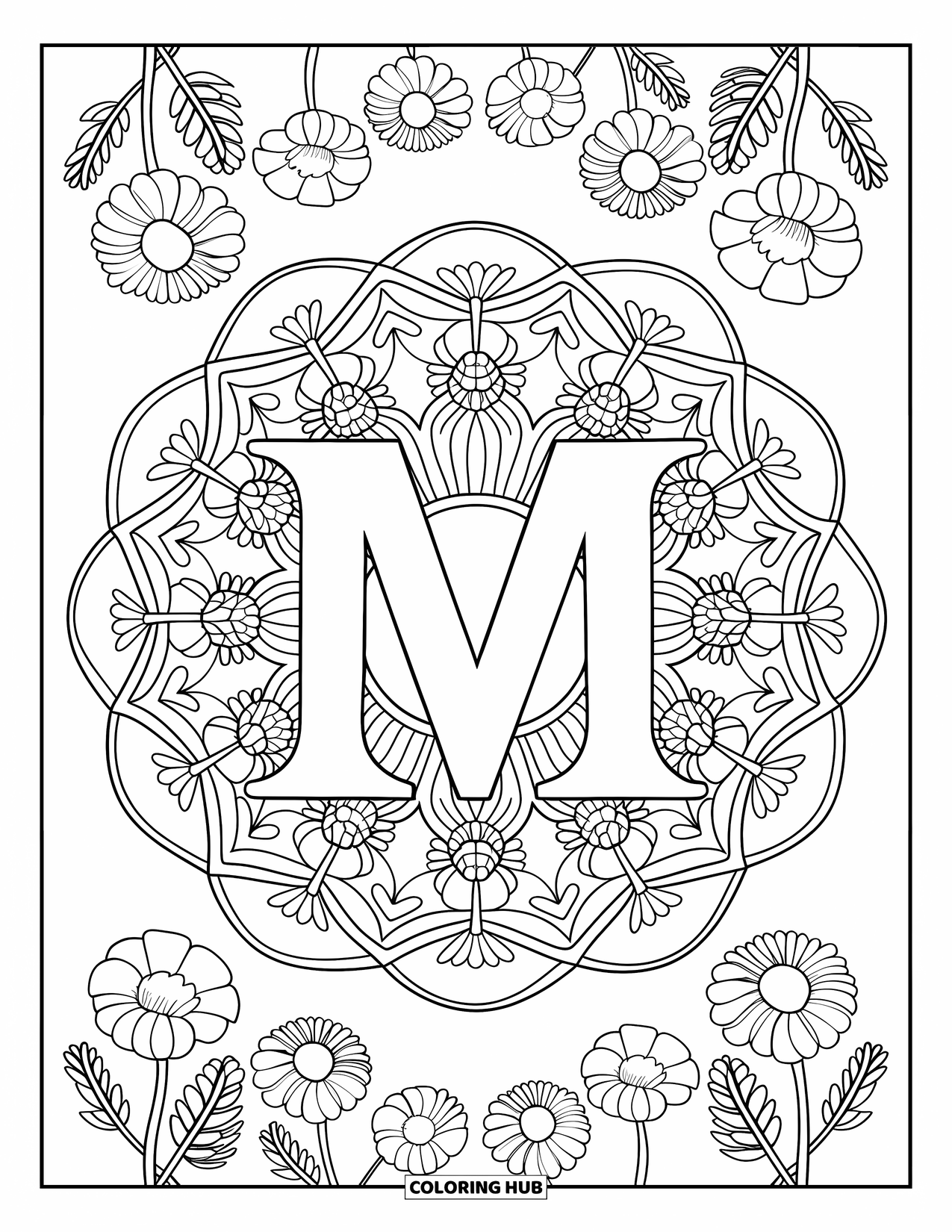 Letter M Coloring Page for Adults: Mandala petals and meadow plants frame the letter M in a circular design