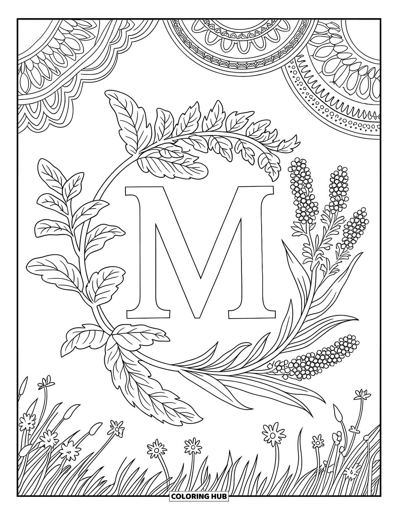 Letter M Coloring Page for Adults: Mint leaves, marjoram, and meadow flowers surround M in a decorative scene