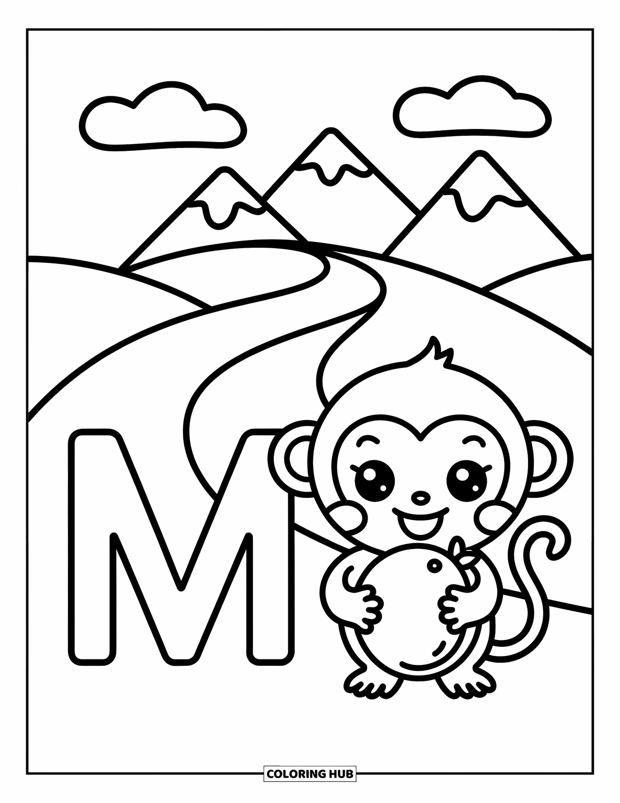Letter M Coloring Page for Adults: Monkey and mango rest by M with a winding trail behind them
