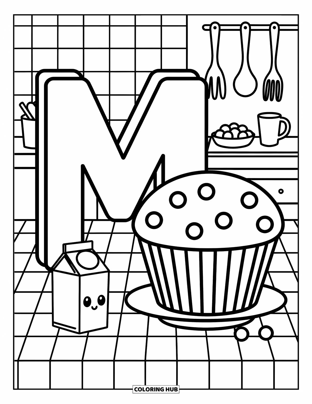 Letter M Coloring Page for Adults: Muffin, milk, and kitchen tools surround M in a sweet kitchen setup