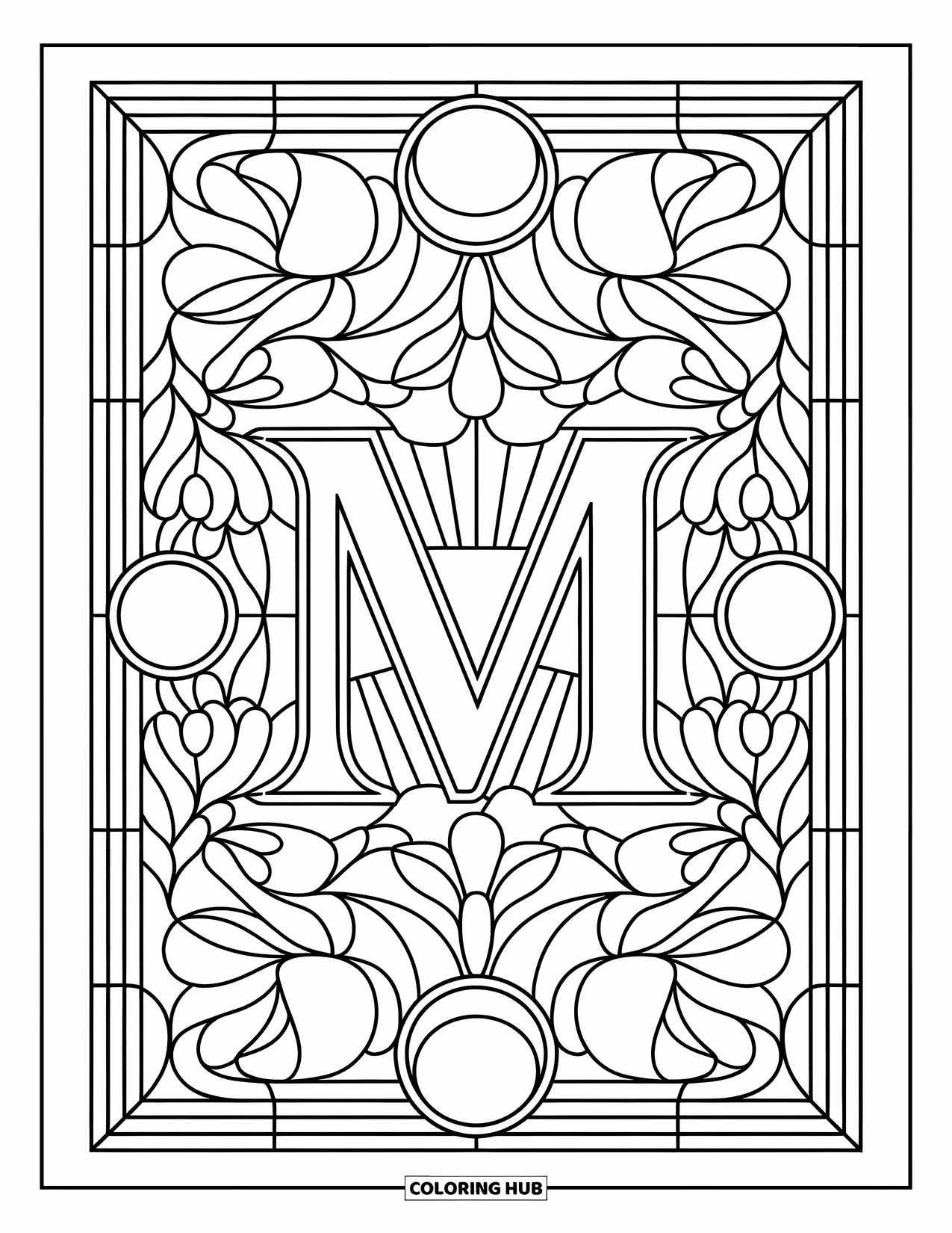 Letter M Coloring Page for Adults: Stained-glass moon phases and flowers surround a bold letter M