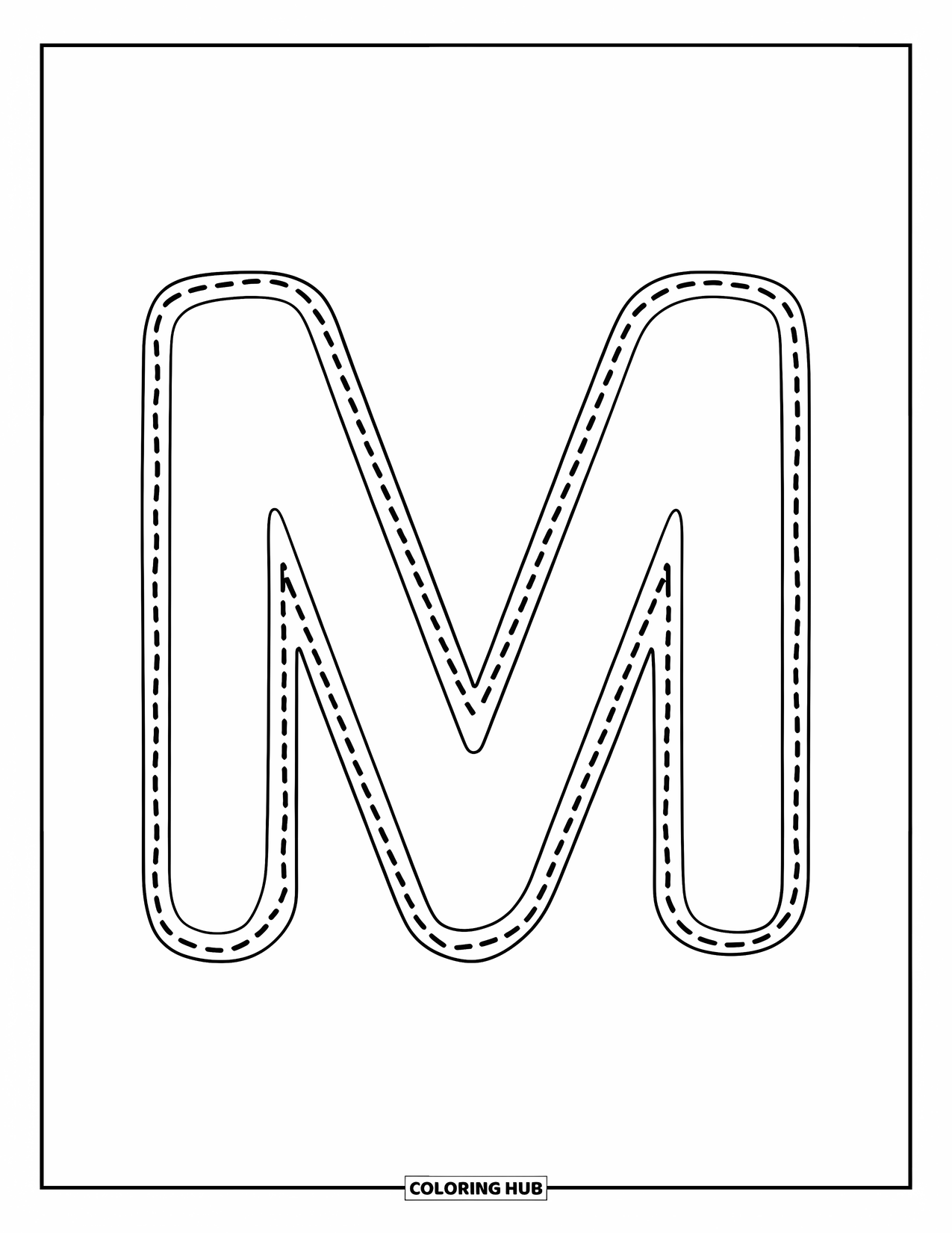 Letter M Coloring Page for Kids: A big dotted M is ready for tracing fun