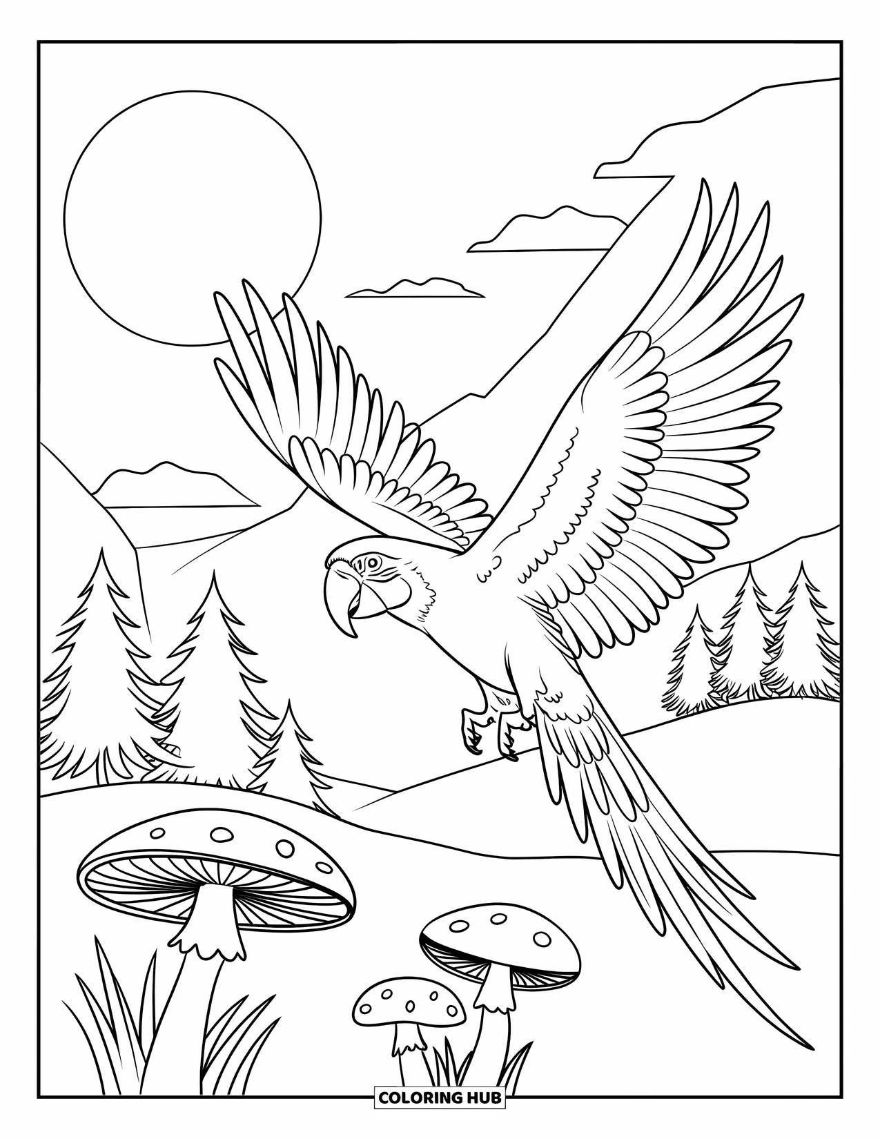 Letter M Coloring Page for Kids: A macaw soars under the moon while mushrooms grow below