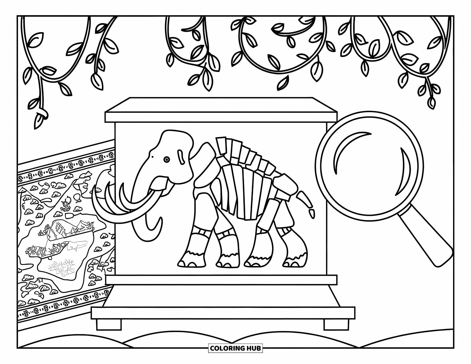 Letter M Coloring Page for Kids: A mammoth fossil stands beside a map and magnifying glass in a leafy museum