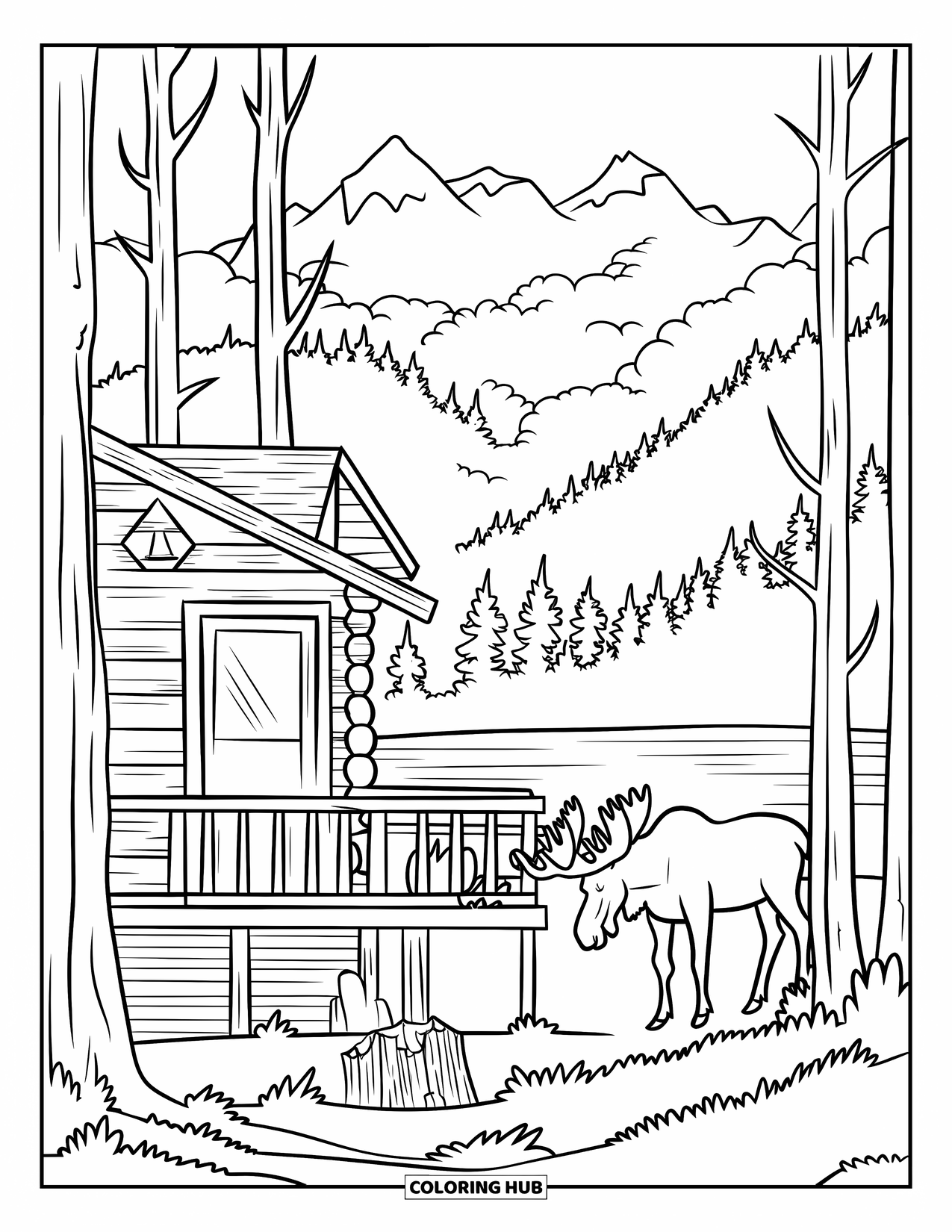 Letter M Coloring Page for Kids: A moose stands near a cabin surrounded by trees and a calm lake
