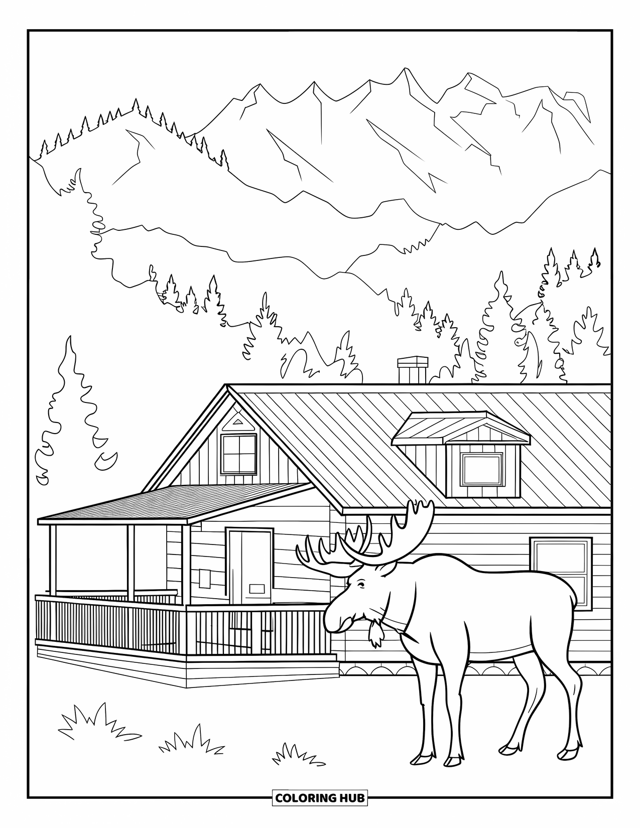 Letter M Coloring Page for Kids: A moose with a collar stands near a wooden cabin and misty peaks