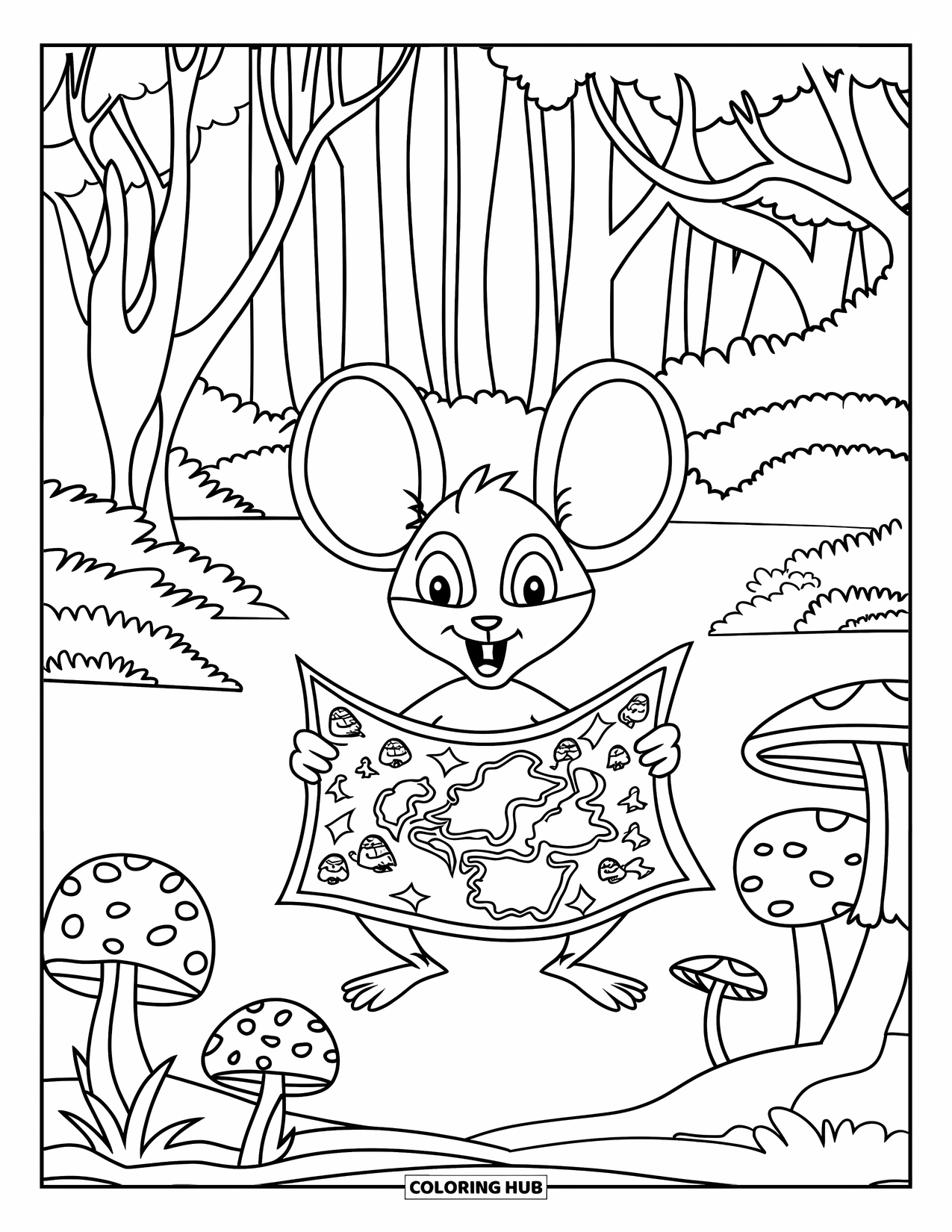 Letter M Coloring Page for Kids: A mouse with a map stands among mushrooms in a quiet forest