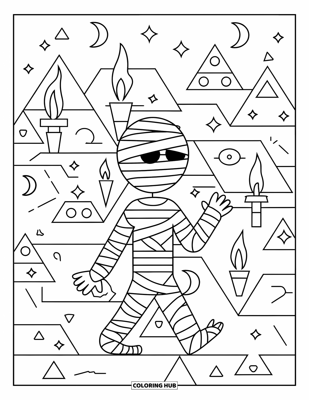 Letter M Coloring Page for Kids: A mummy raises its arms while walking a maze with moons and torches