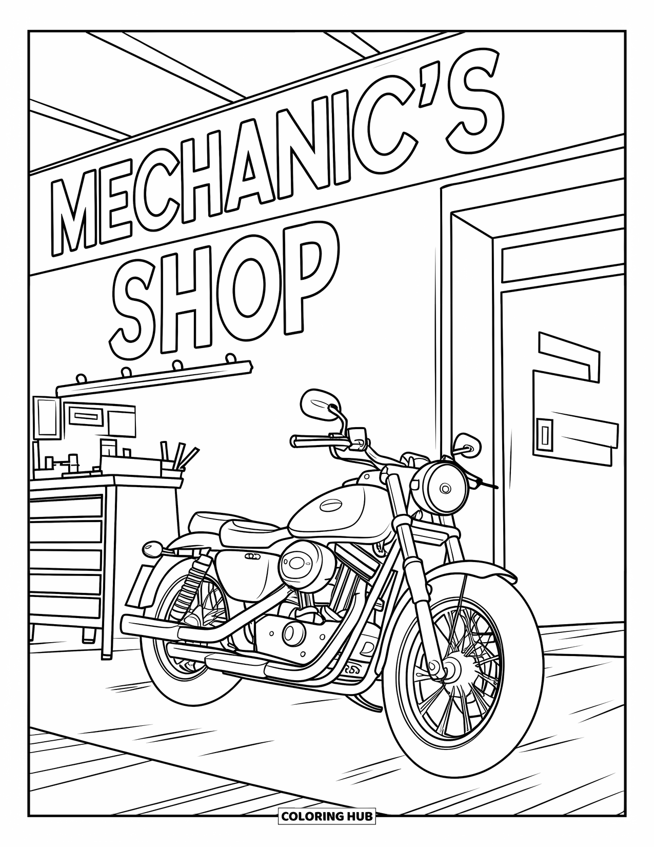 Letter M Coloring Page for Kids: A sleek motorcycle is parked near a busy mechanic's shop