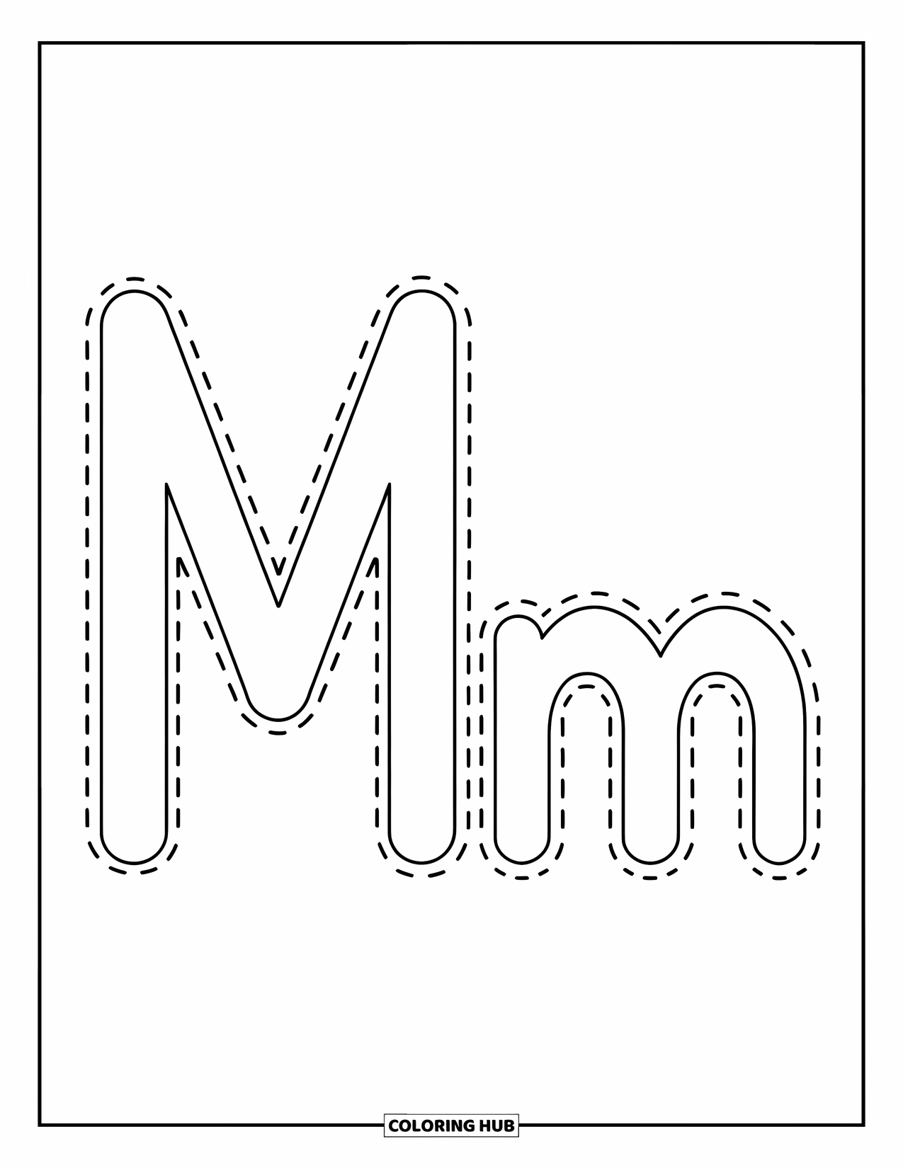 Letter M Coloring Page for Kids: Dotted-line big M and small m are ready for tracing practice
