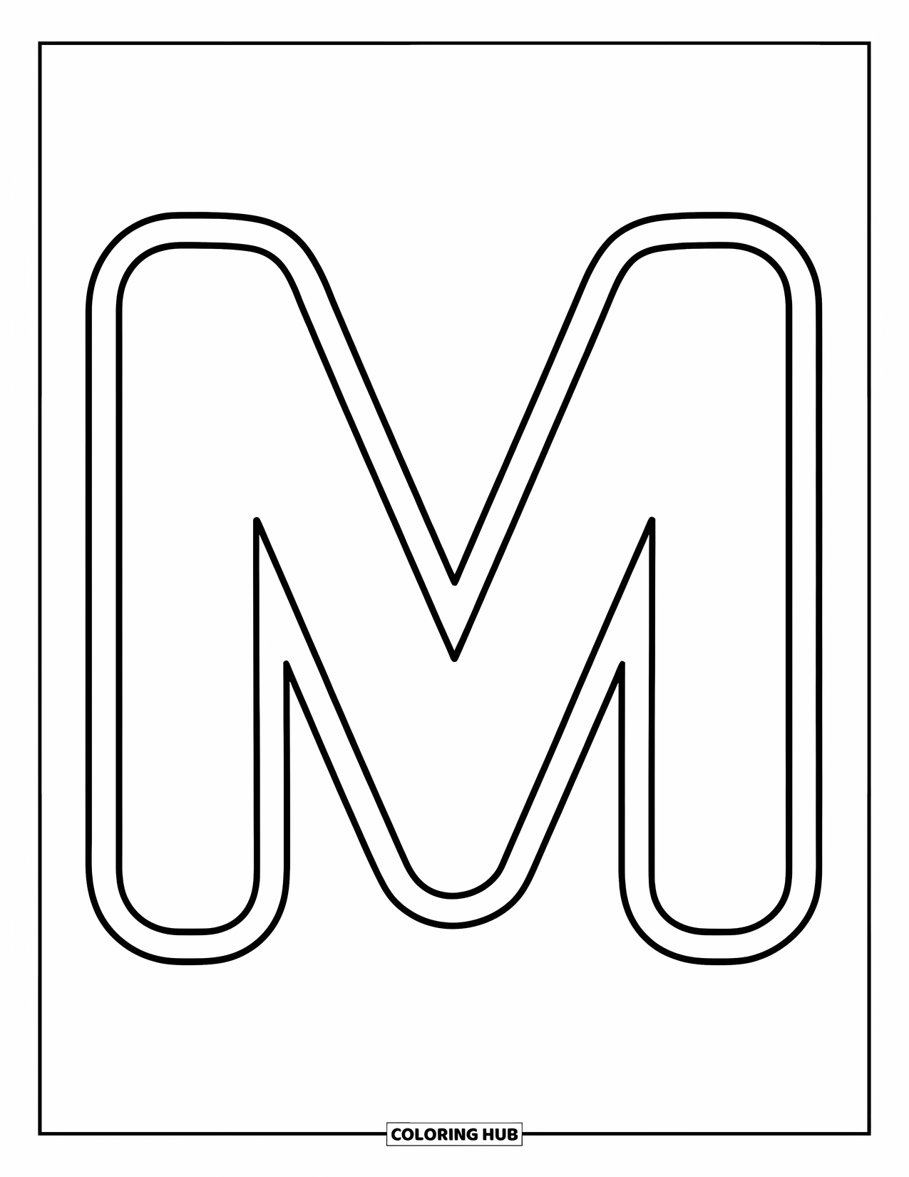 Letter M Coloring Page for Kids: Large bold M sits proudly in the center, simple and fun