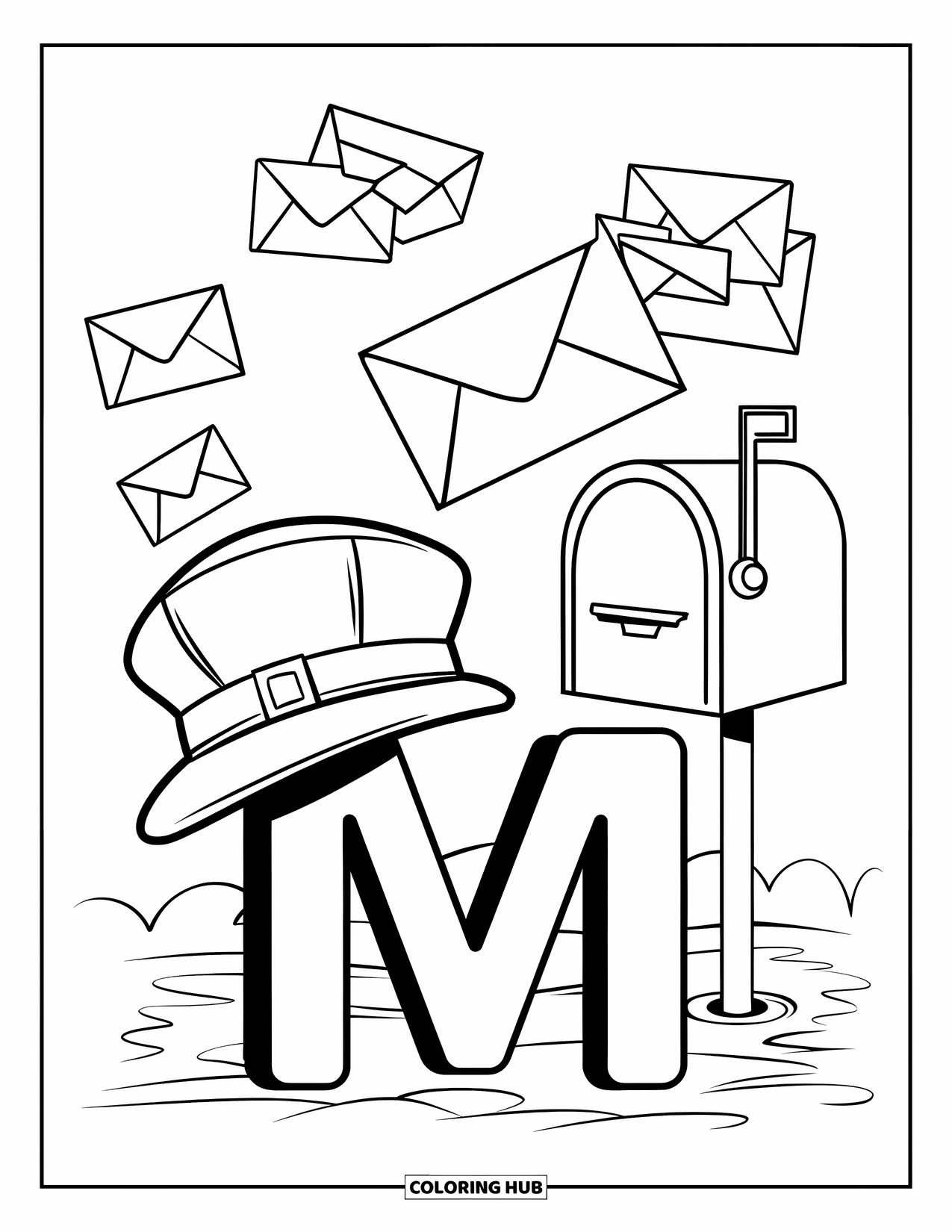 Letter M Coloring Page for Kids: Letter M and a matching mailbox are surrounded by flying envelopes