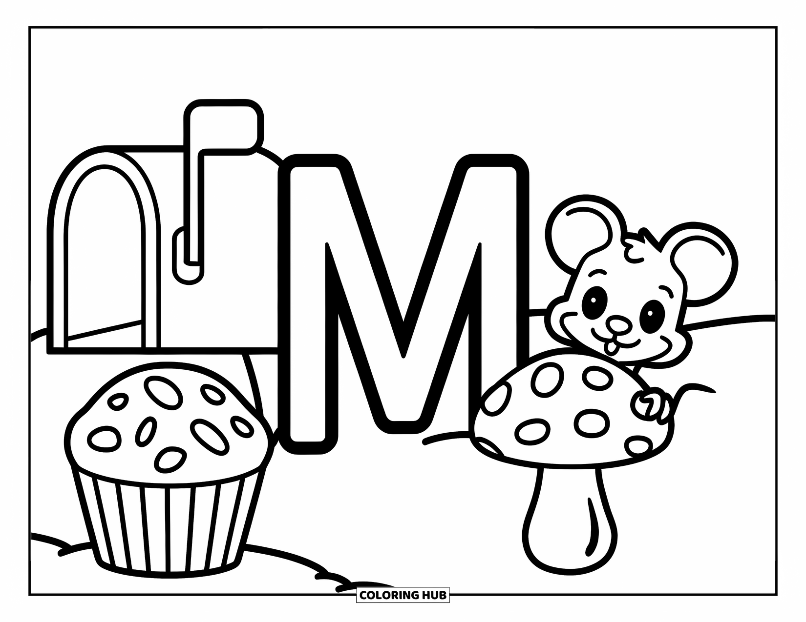 Letter M Coloring Page for Kids: M and m are joined by a mailbox, muffin, and mouse hiding behind a mushroom