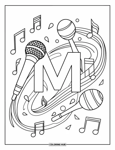 Çocuklar için M Harfi Boyama Sayfası: M, müzik notaları ve enstrümanlar canlı bir müzik sahnesi oluşturuyor