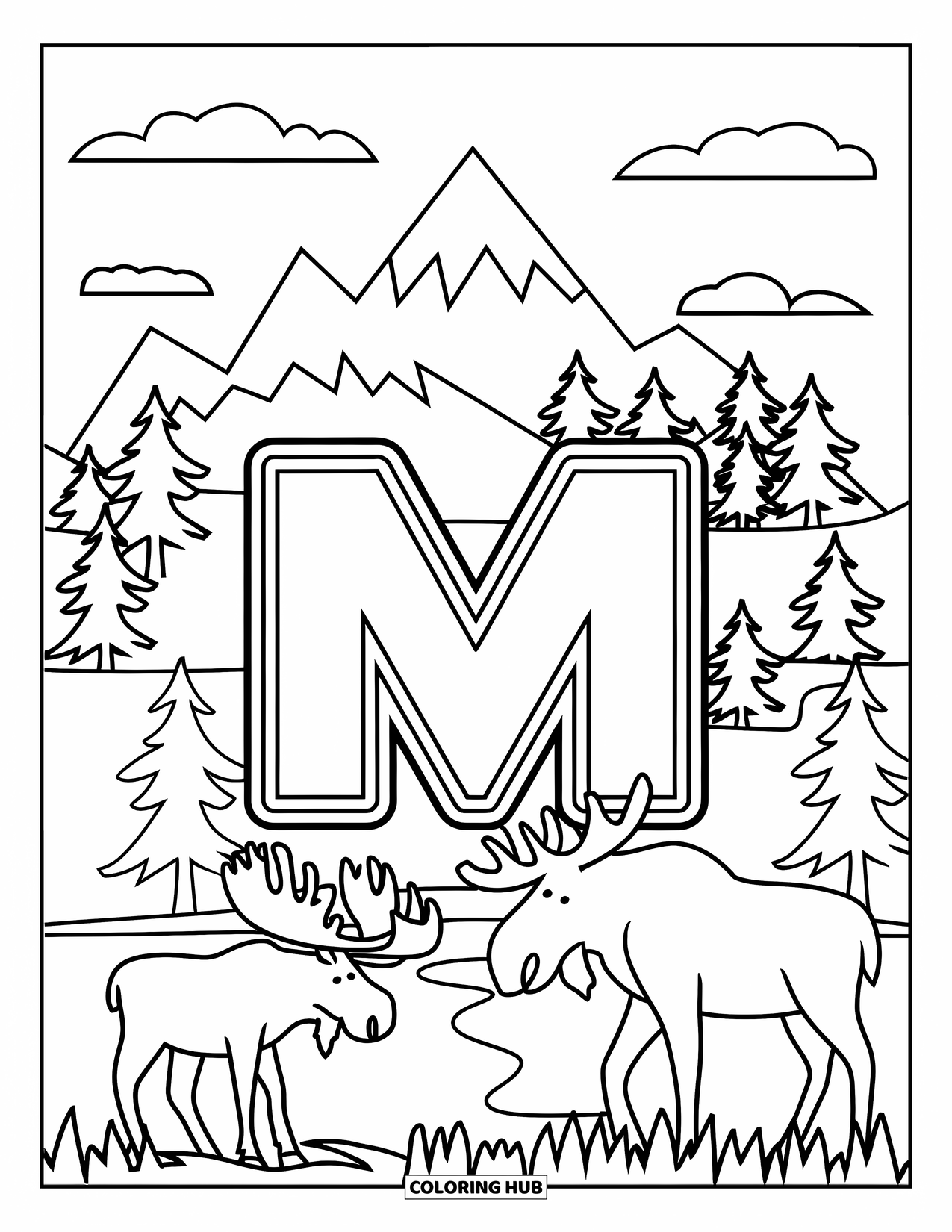 Letter M Coloring Page for Kids: M stands among mountains, grass, trees, and a moose under a cloudy sky