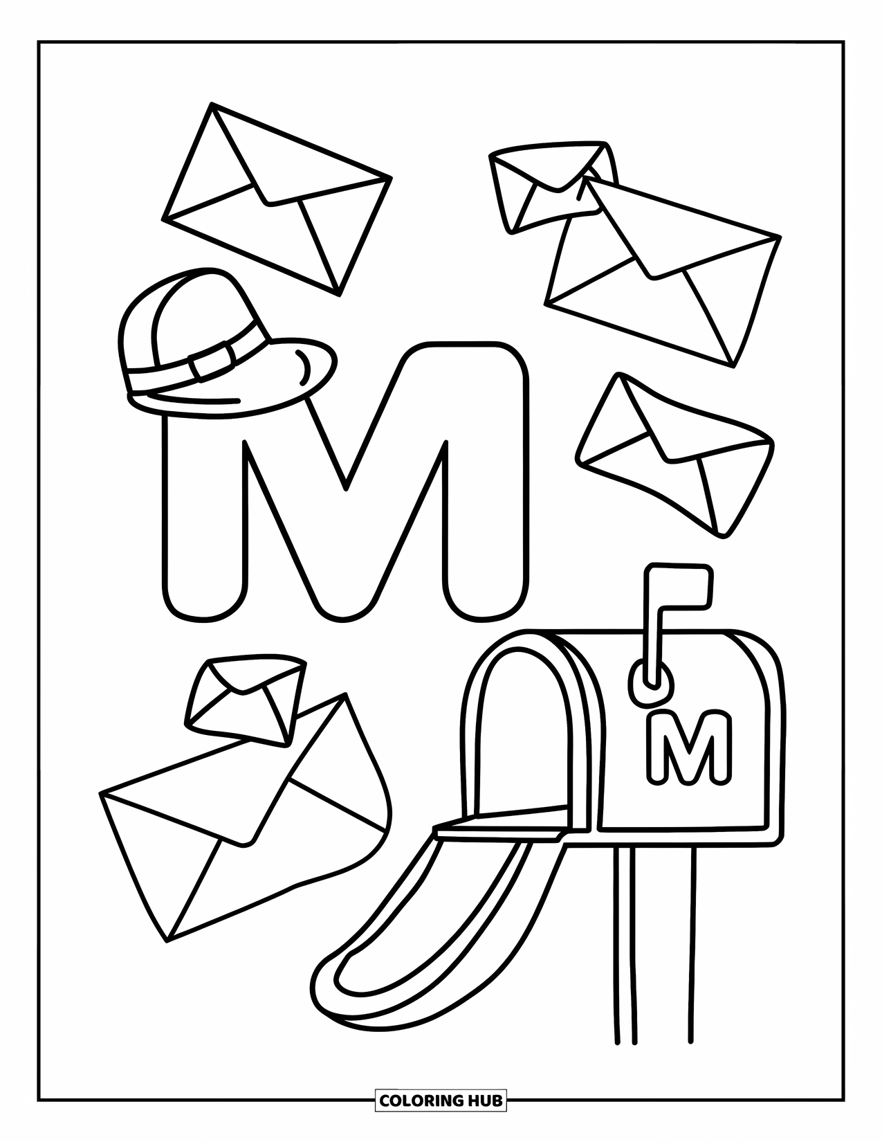 Letter M Coloring Page for Kids: Mail envelopes swirl around M wearing a mailman's hat and standing beside a mailbox