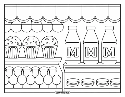 Çocuklar için M Harfi Boyama Sayfası: Muffin, süt ve makaronlar yakınlarında M harfiyle birlikte bir pazarı dolduruyor