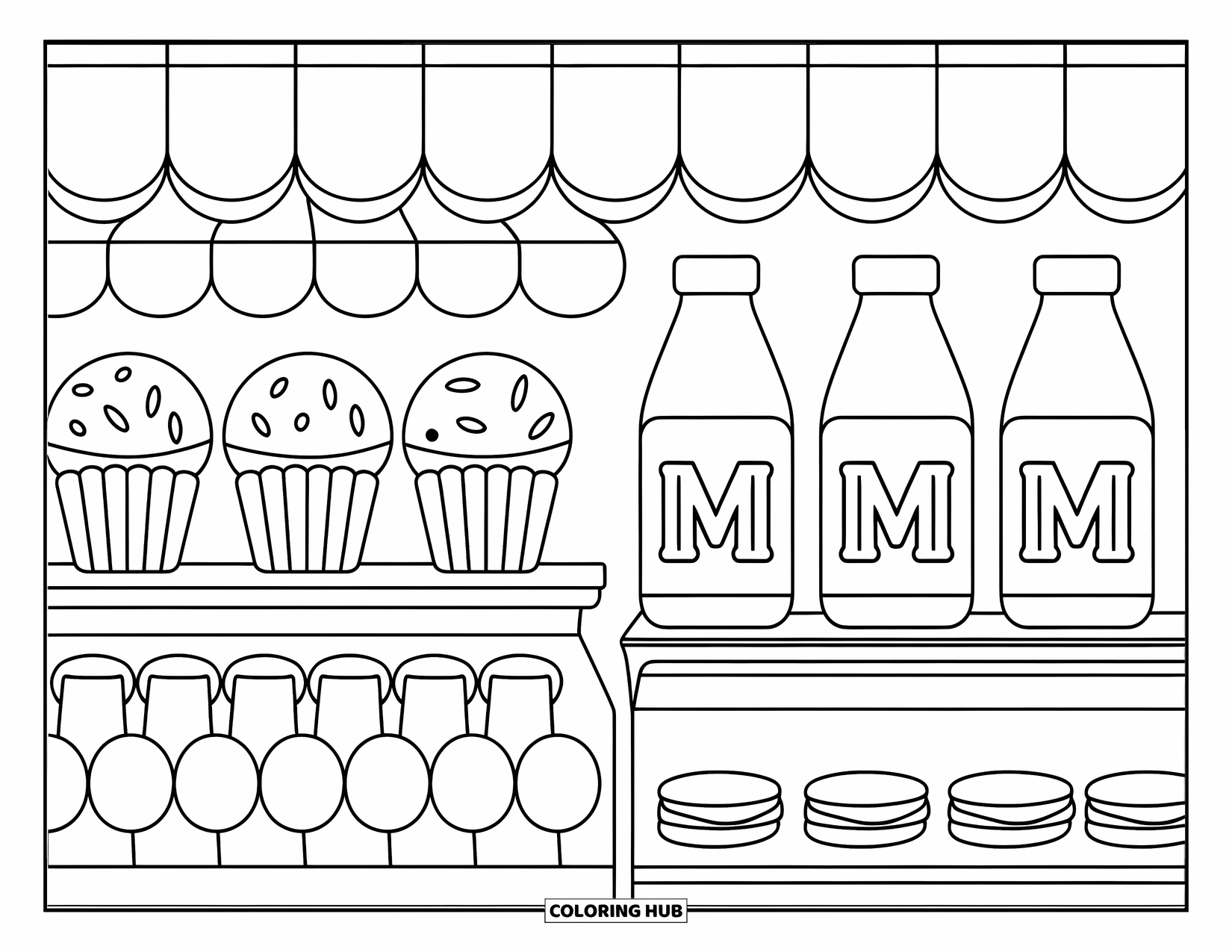 Letter M Coloring Page for Kids: Muffins, milk, and macarons fill a market with the letter M nearby