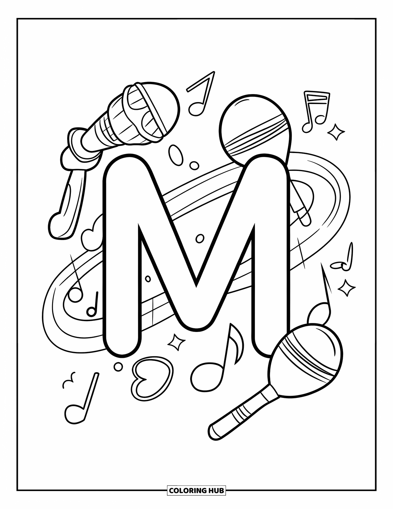 Letter M Coloring Page for Kids: Music notes and instruments swirl around the letter M