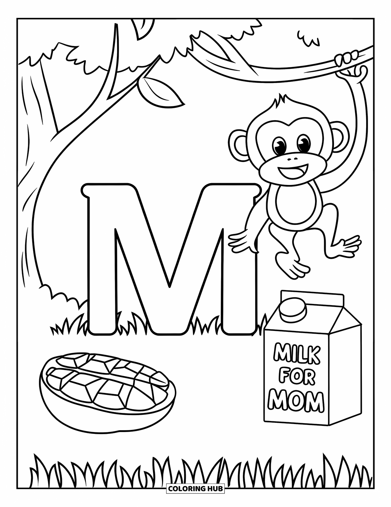 Letter M Coloring Page for Kids: The letter M is surrounded by a monkey, mango slice, and milk that says "Mom"