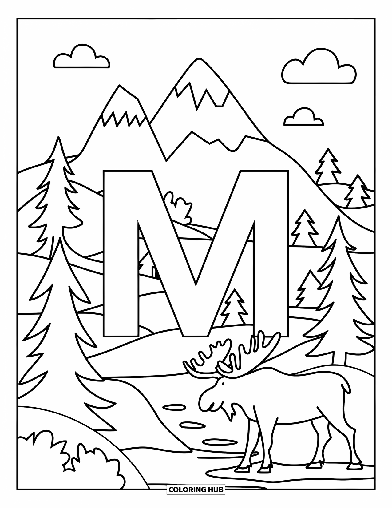 Letter M Coloring Page for Kids: The letter M sits in a mountain scene with trees, clouds, and a moose