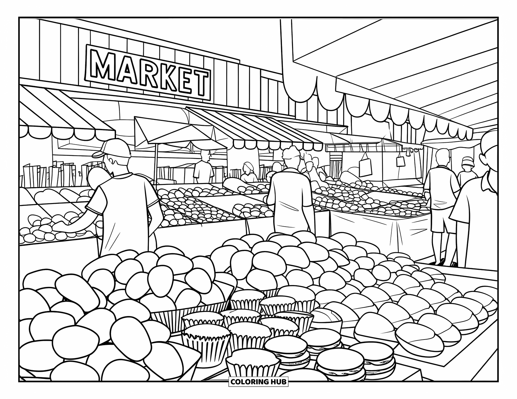 Letter M Coloring Page for Kids: Vendors sell mangoes, muffins, and macarons in a crowded market