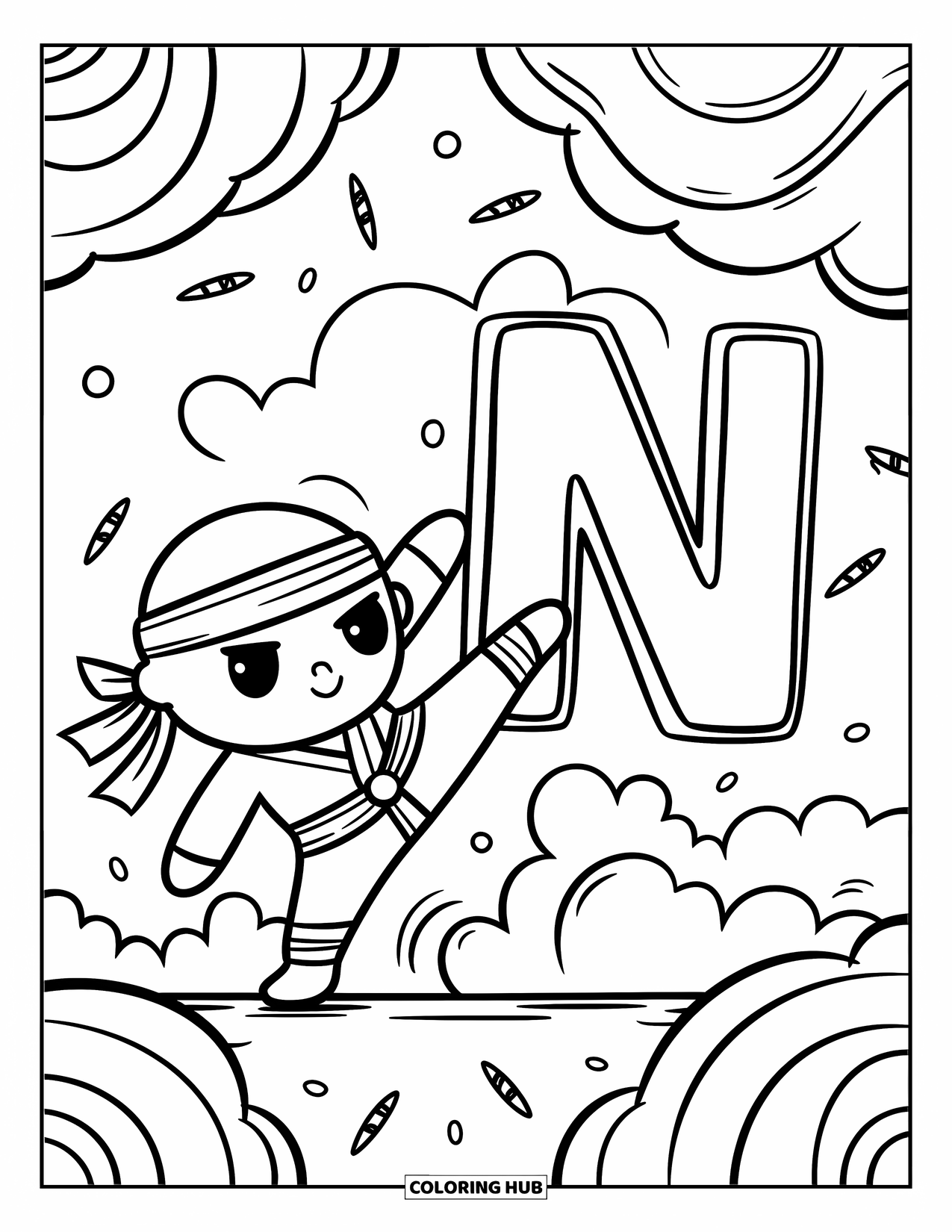 Letter N Coloring Page for Adults: A ninja strikes near N, with shurikens and action clouds flying around