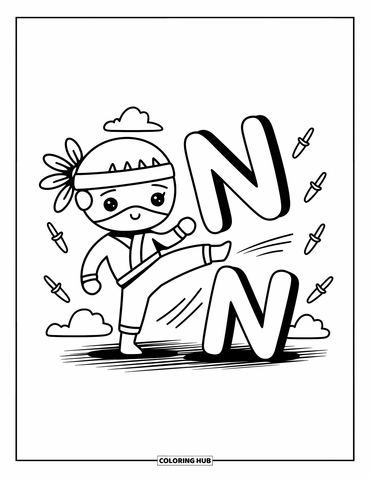 Letter N Coloring Page for Adults: A playful ninja kicks beside a bold N surrounded by stars and motion lines