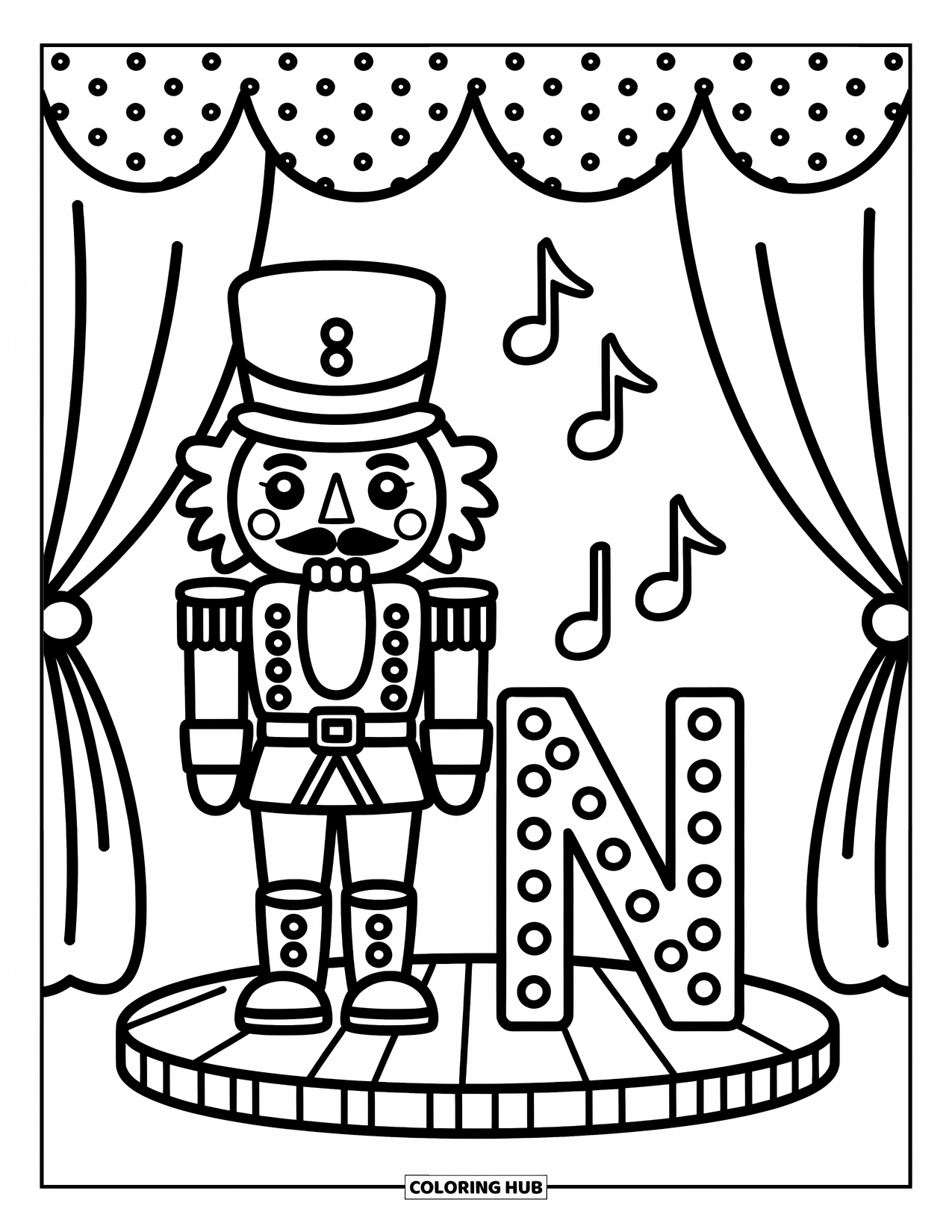 Letter N Coloring Page for Adults: A smiling nutcracker stands by N onstage with music notes and a curtain