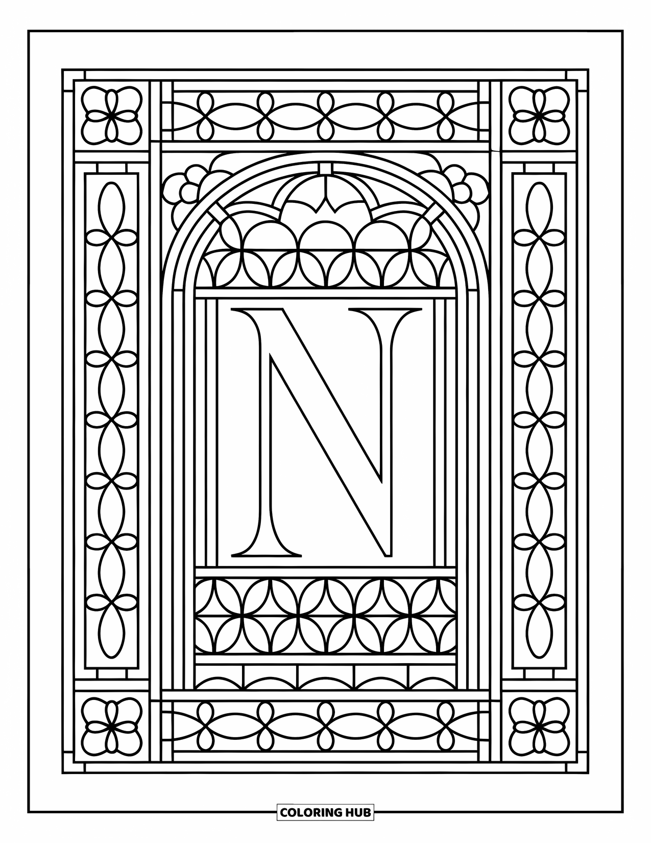 Letter N Coloring Page for Adults: A stained glass design with floral panels surrounds a central N