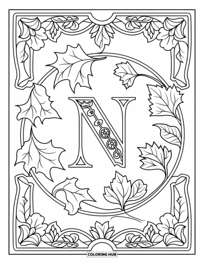 Yetişkinler İçin N Harfi Boyama Sayfası: Art Nouveau tarzında bir N harfi, ayrıntılı sarmaşık ve yaprak desenleriyle sarmalanmış