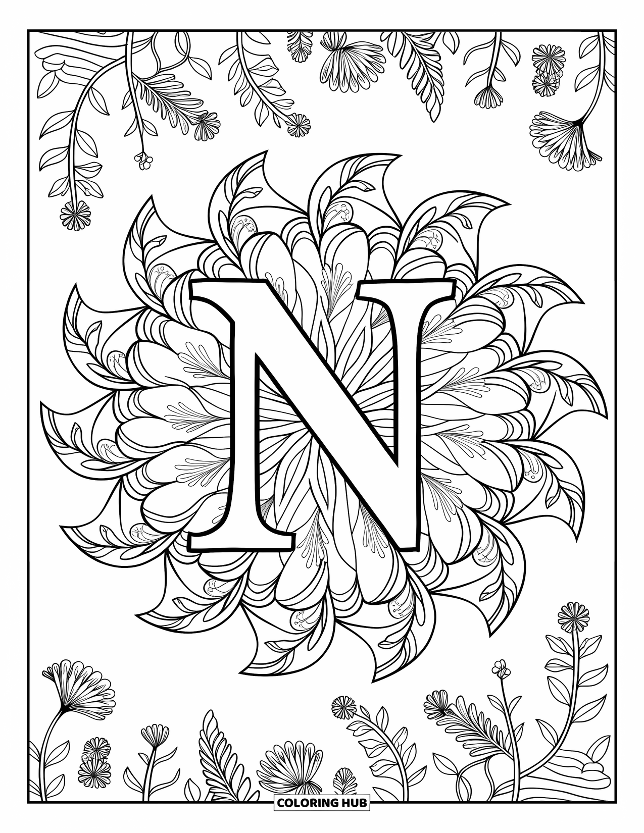 Letter N Coloring Page for Adults: Intertwining leaves and wildflowers create a mandala centered on N
