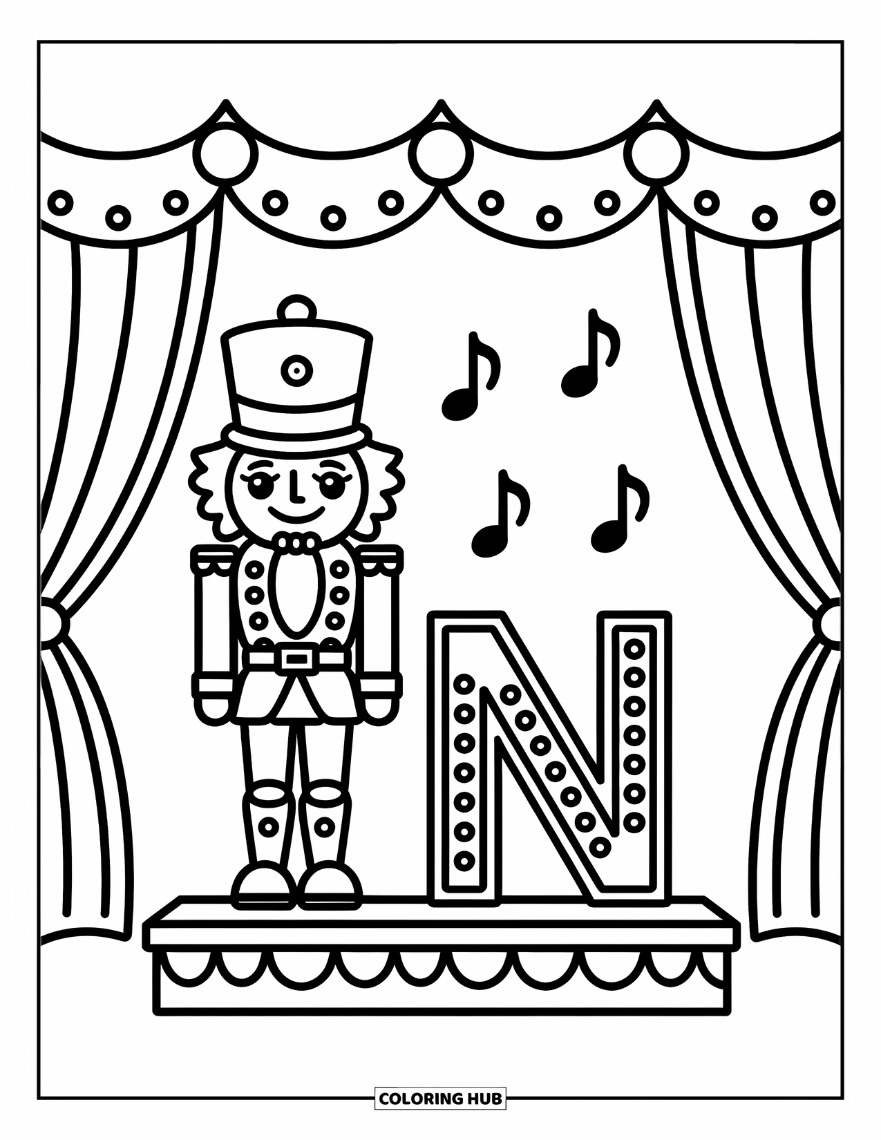 Letter N Coloring Page for Adults: N and a cheerful nutcracker pose together onstage beneath a dotted curtain