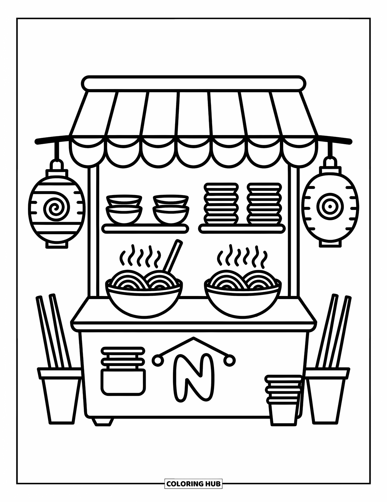 Letter N Coloring Page for Adults: Noodles and bowls sit on a cozy stall under a noodle swirl lantern
