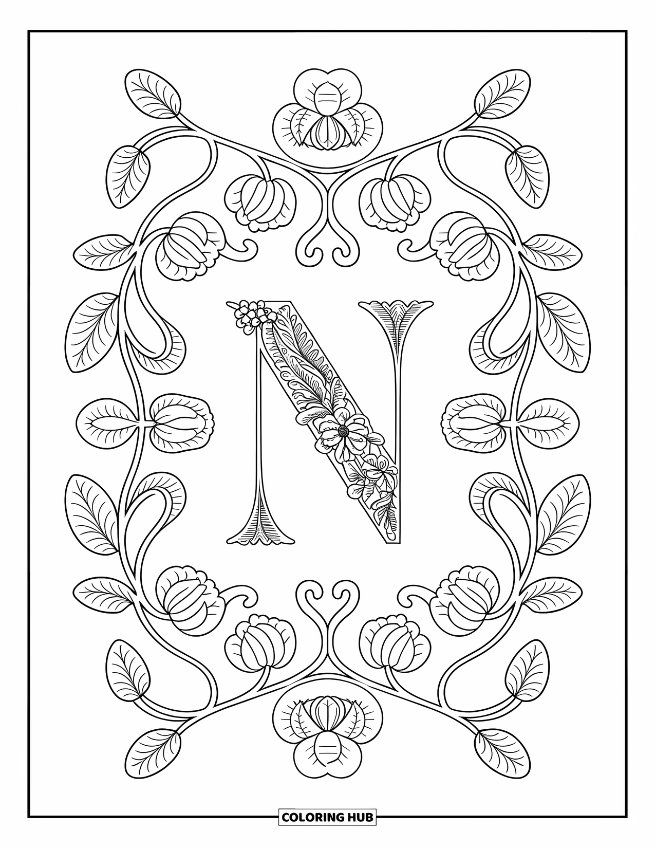 Letter N Coloring Page for Adults: Ornamental tulips and vines curl around a vintage-style N