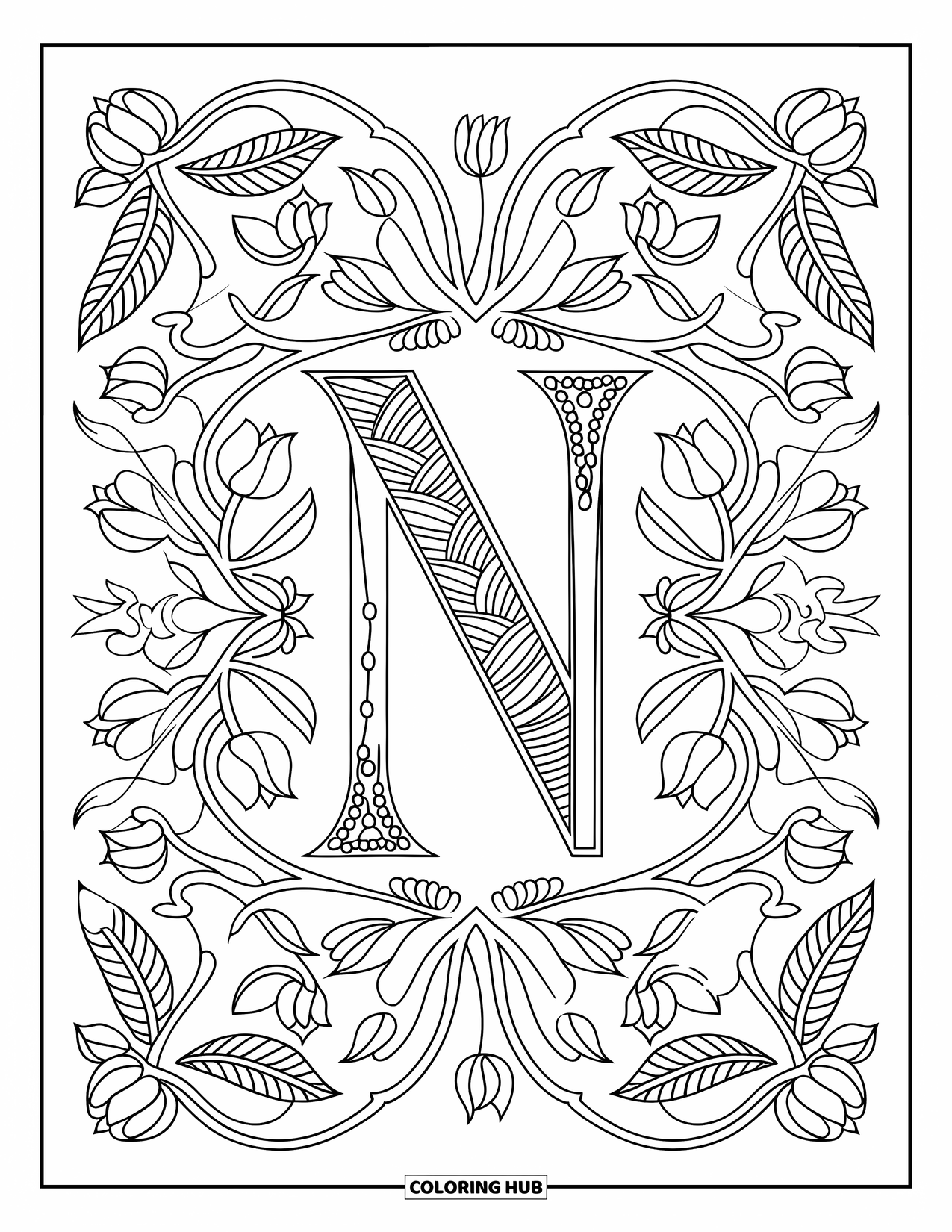 Letter N Coloring Page for Adults: Tulips, vines, and lace floral patterns surround a decorative N