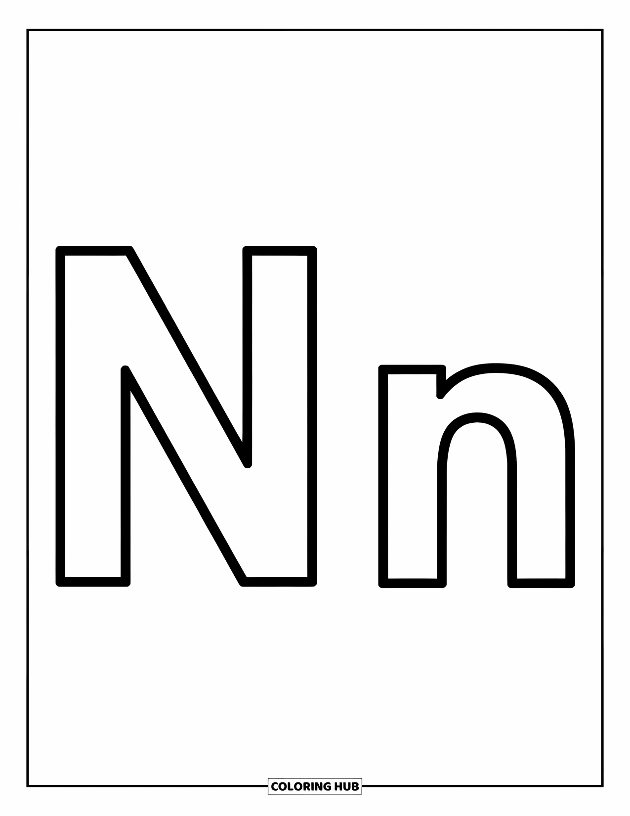 Letter N Coloring Page for Kids: A big N and little n sit side by side with bold outlines