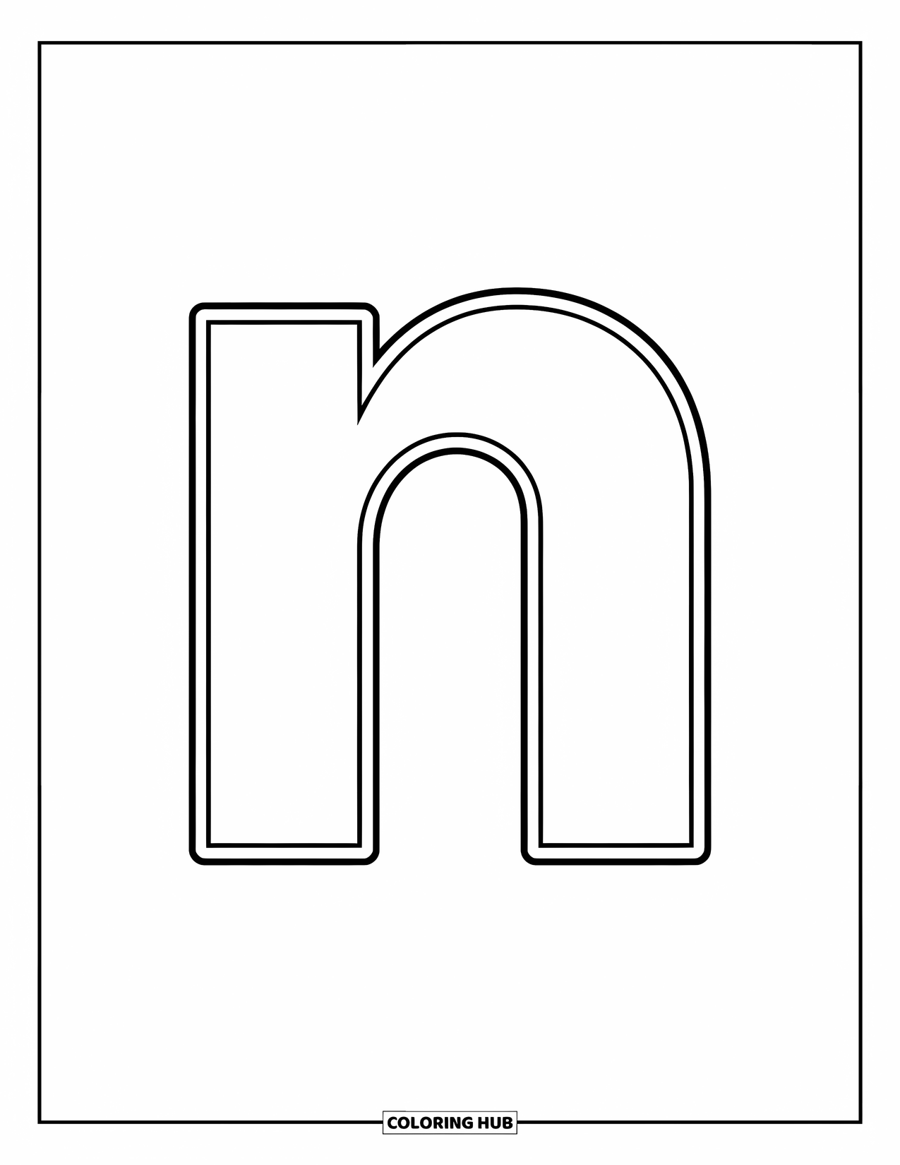 Letter N Coloring Page for Kids: A bold lowercase n with thick lines is ready to color