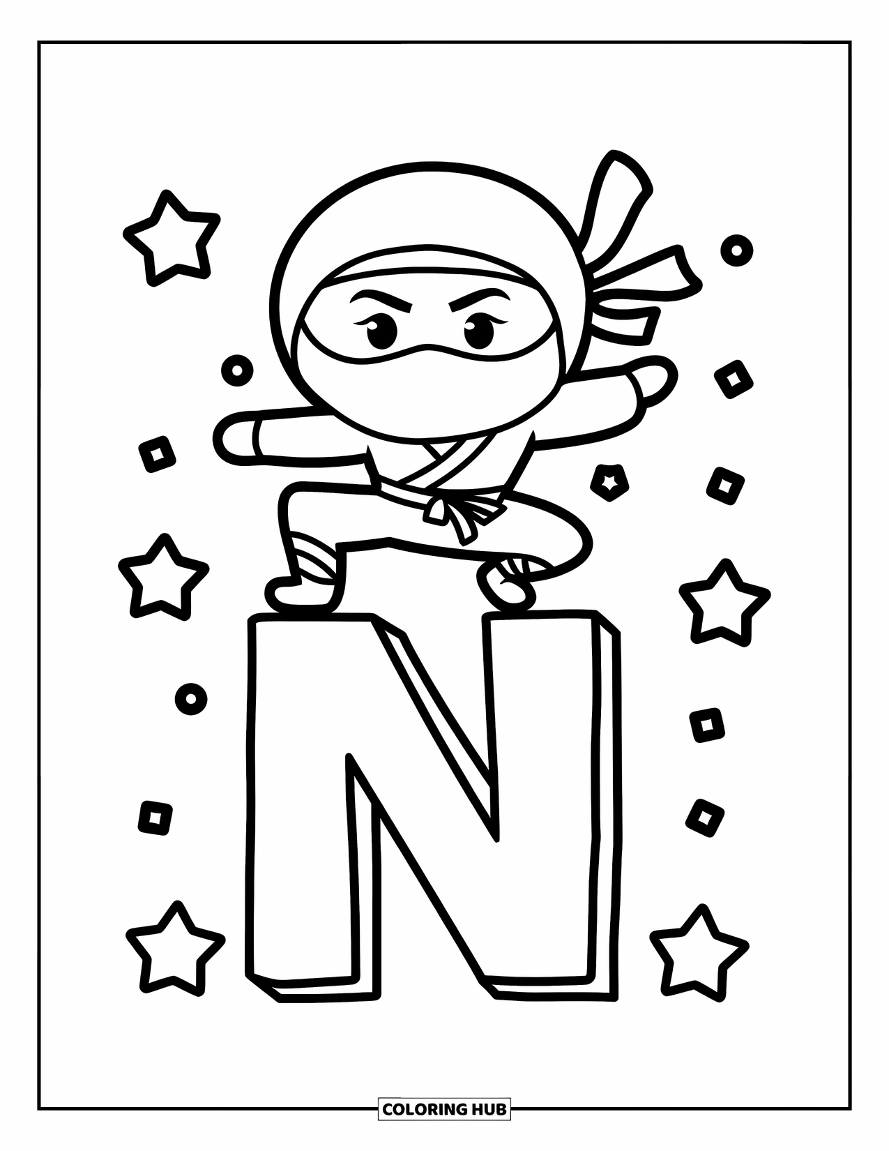 Letter N Coloring Page for Kids: A bold N sits below a leaping ninja and sparkling stars