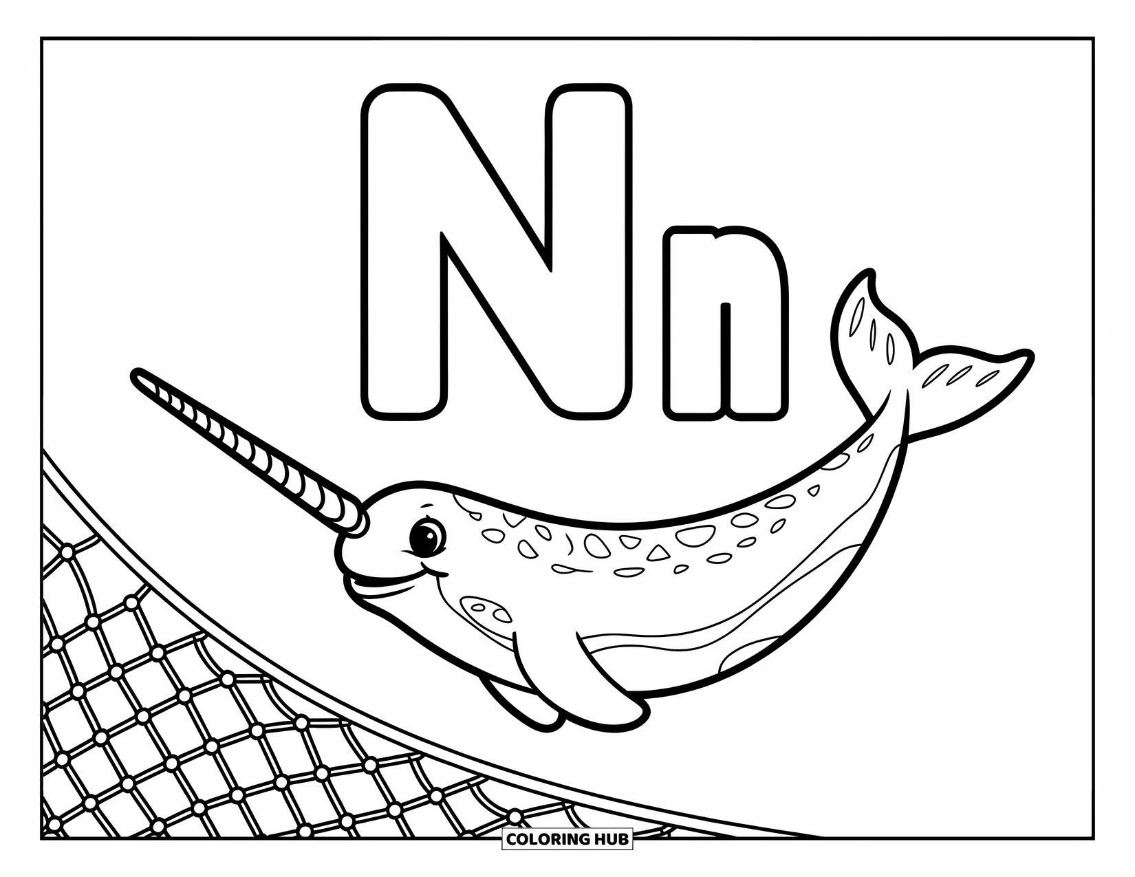 Letter N Coloring Page for Kids: A friendly narwhal swims by N and n with a nearby fishing net