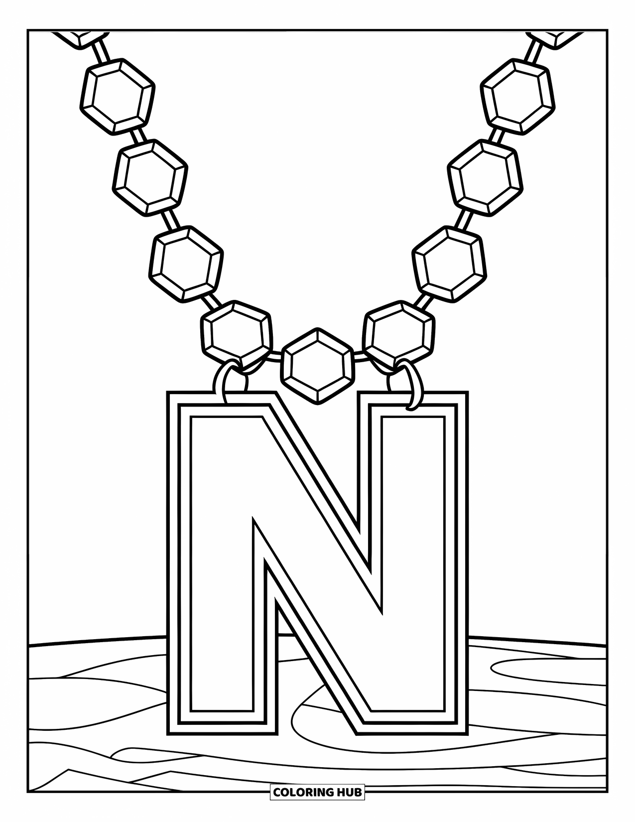 Letter N Coloring Page for Kids: A necklace with gem patterns displays a letter N on a simple surface