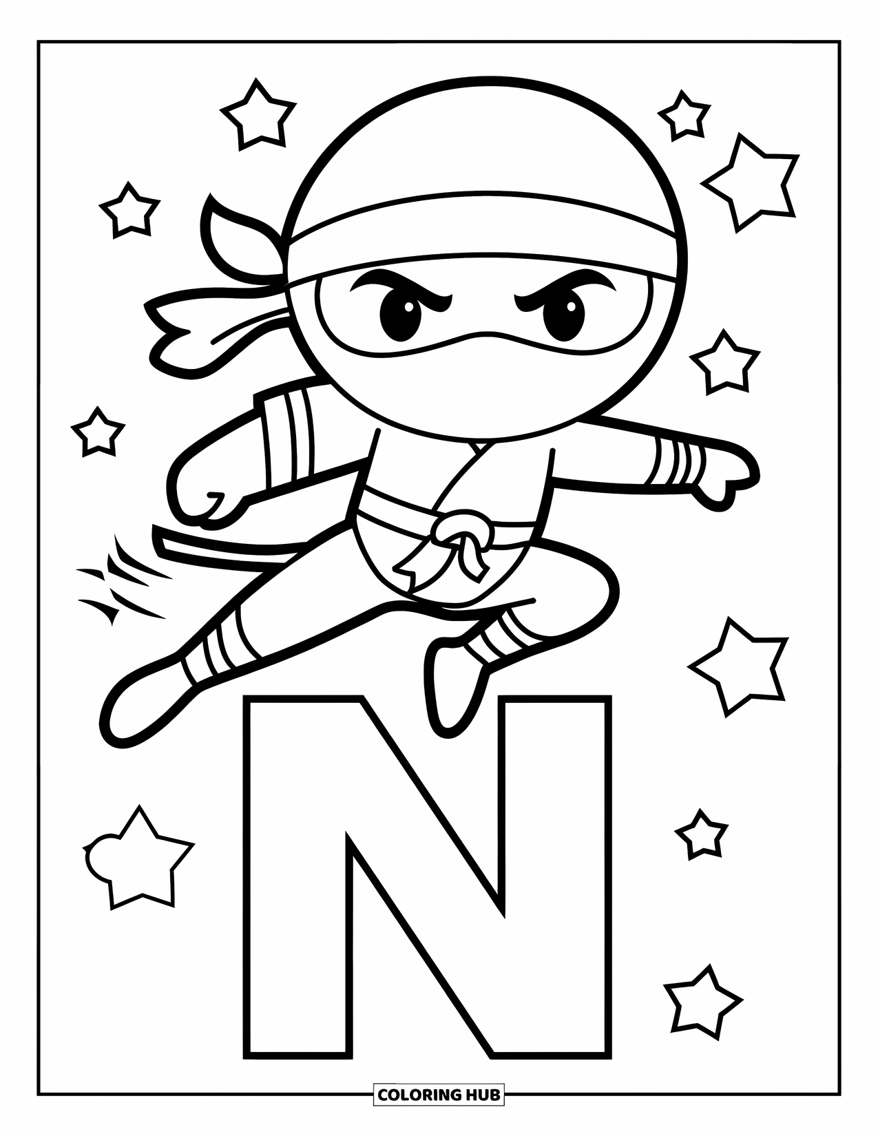 Letter N Coloring Page for Kids: A ninja jumps above N with floating stars