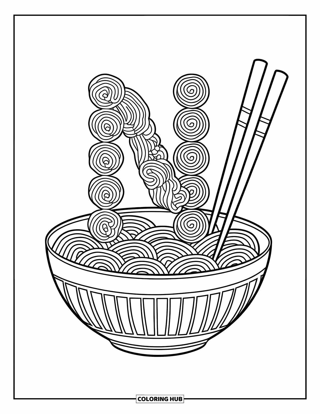 Letter N Coloring Page for Kids: A noodle bowl with N-shaped pasta and chopsticks rests on a clean surface