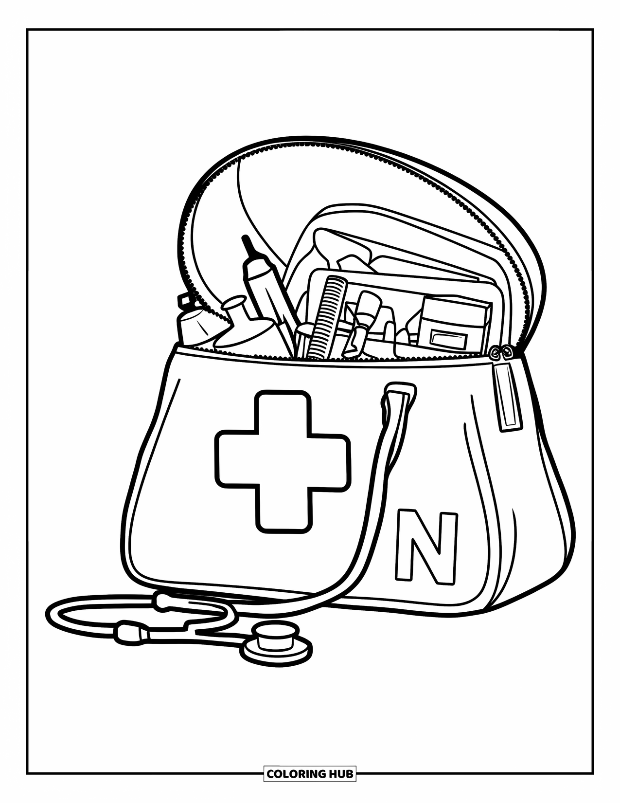 Letter N Coloring Page for Kids: A nurse's bag and stethoscope rest beside a clean, bold letter N