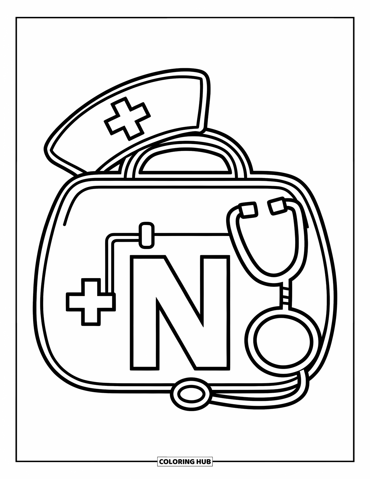 Letter N Coloring Page for Kids: A nurse's bag, hat, and stethoscope sit beside a bold letter N