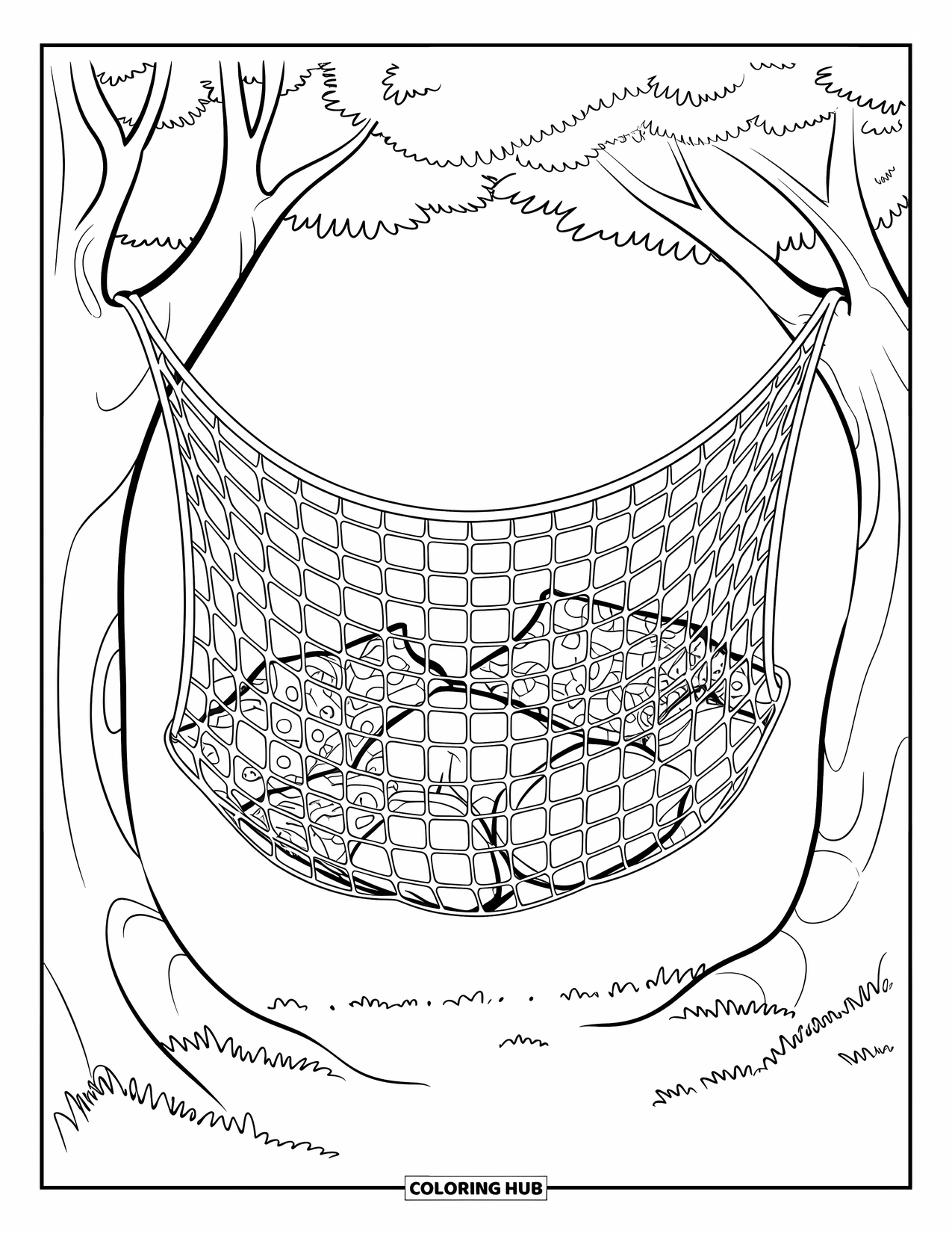 Letter N Coloring Page for Kids: A rope net hangs between trees, cradling a pile of patterned pillows