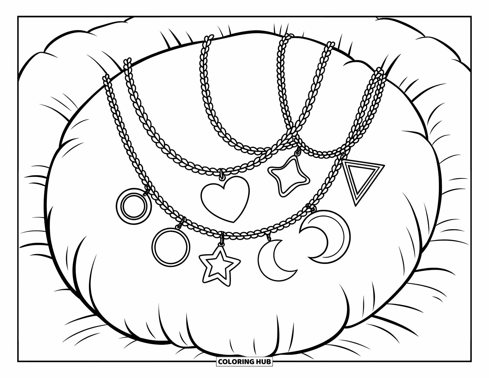 Letter N Coloring Page for Kids: A soft cushion holds necklaces with heart, star, moon, and other shaped charms
